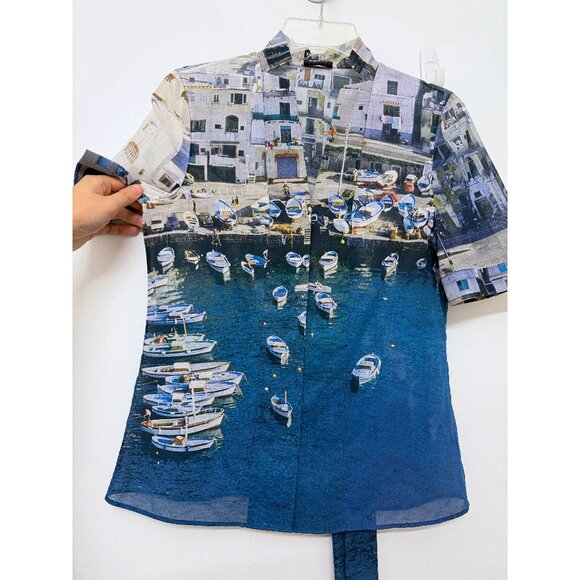 Akris Marina Grande Capri Port Print Cotton Shirt Top Blue Buildings Boats 6 - Picture 6 of 13